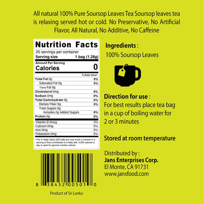 Jans Soursop Tea Bags (25 Count) – Full Strength Herbal Tea from 100% Natural Soursop Leaves – Hoja De Guanabana Graviola Leaf Tea – Caffeine Free Sour Sop Tea Bags, Vegan & Premium Quality