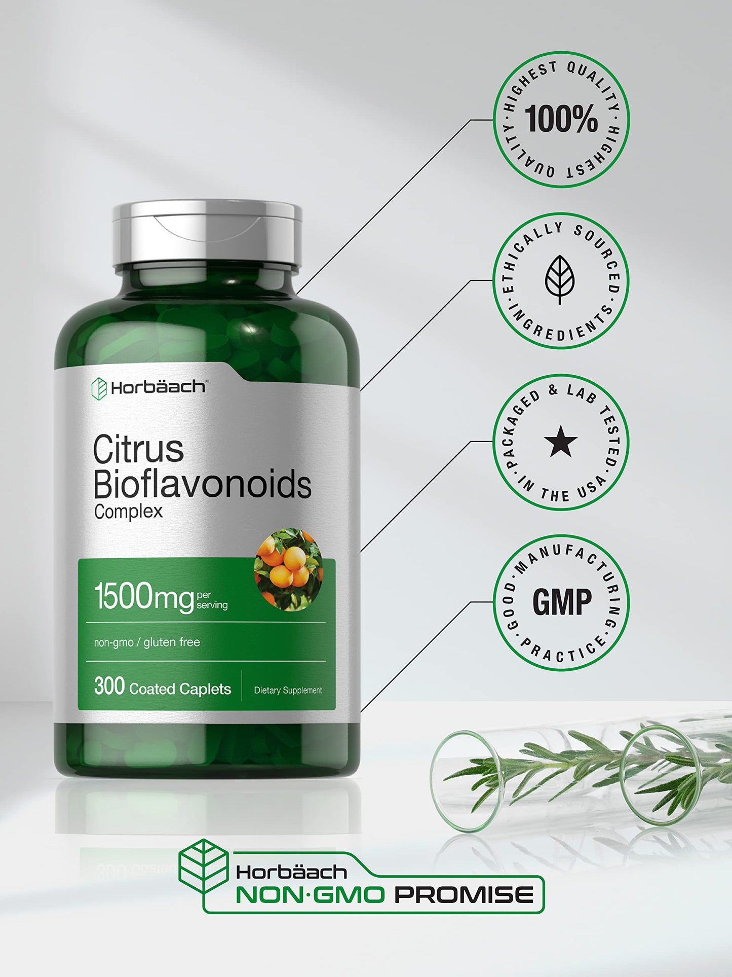 Horbäach Citrus Bioflavonoids Supplement | 1500mg | 300 Caplets | Vegetarian, Non-GMO, and Gluten Free Formula | Value Size