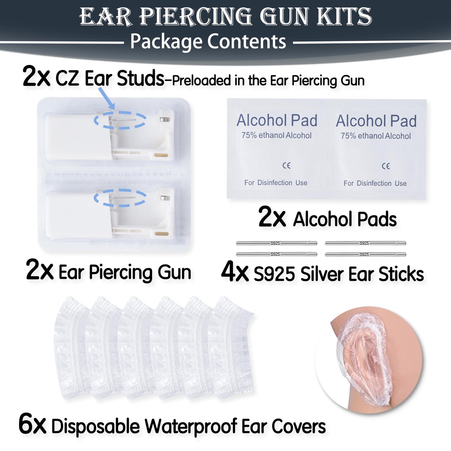 Disposable Ear Cartilage Piercing Kit for Home Self-Use, Painless Gun with Preloaded Ear Stud, Easy & Safe Tool for Women, Men & Girls - 3MM