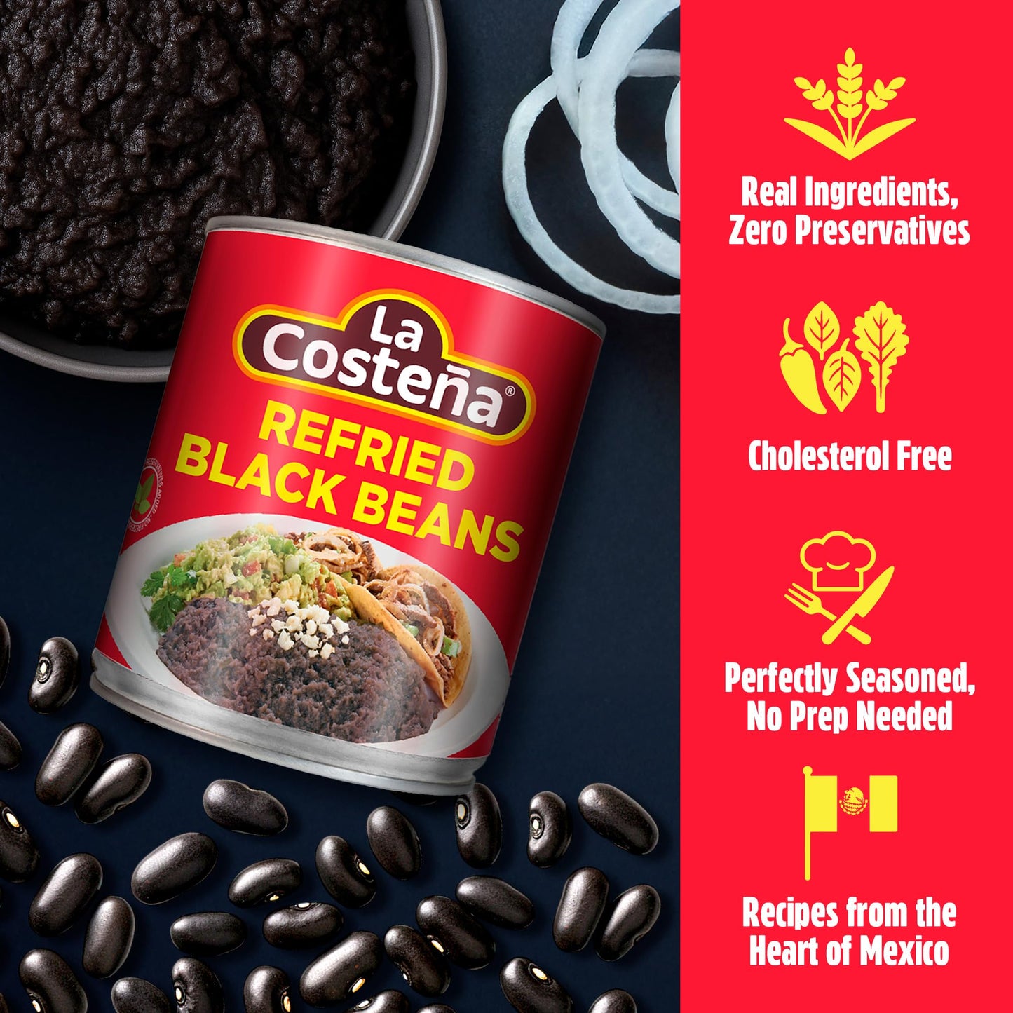 La Costeña Refried Black Beans - Ready-to-Eat Canned Refried Beans for Mexican Food, Mexican Rice, Nacho Bean Dip, Bean Burrito, Burger, Carne Asada, Fajita & Taco Seasoning - 20.5oz, 12 Pack Cans