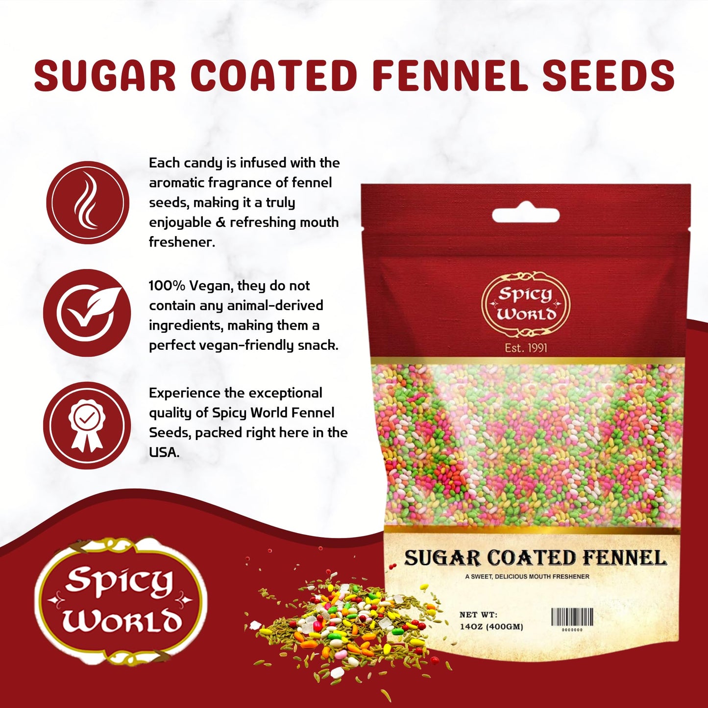 Spicy World Sugar Coated Fennel Seeds | Sweet Saunf Candy for Mouth Freshening - 14 Oz (400g) Pack | Premium Quality Fennel Mouth Freshener | Indian After Meal Digestive Treat