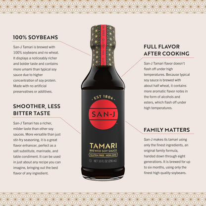 San-J - Gluten Free Tamari Soy Sauce - Specially Brewed - Made with 100% Soy - 10 oz. Bottle - Includes a Collector's Tin