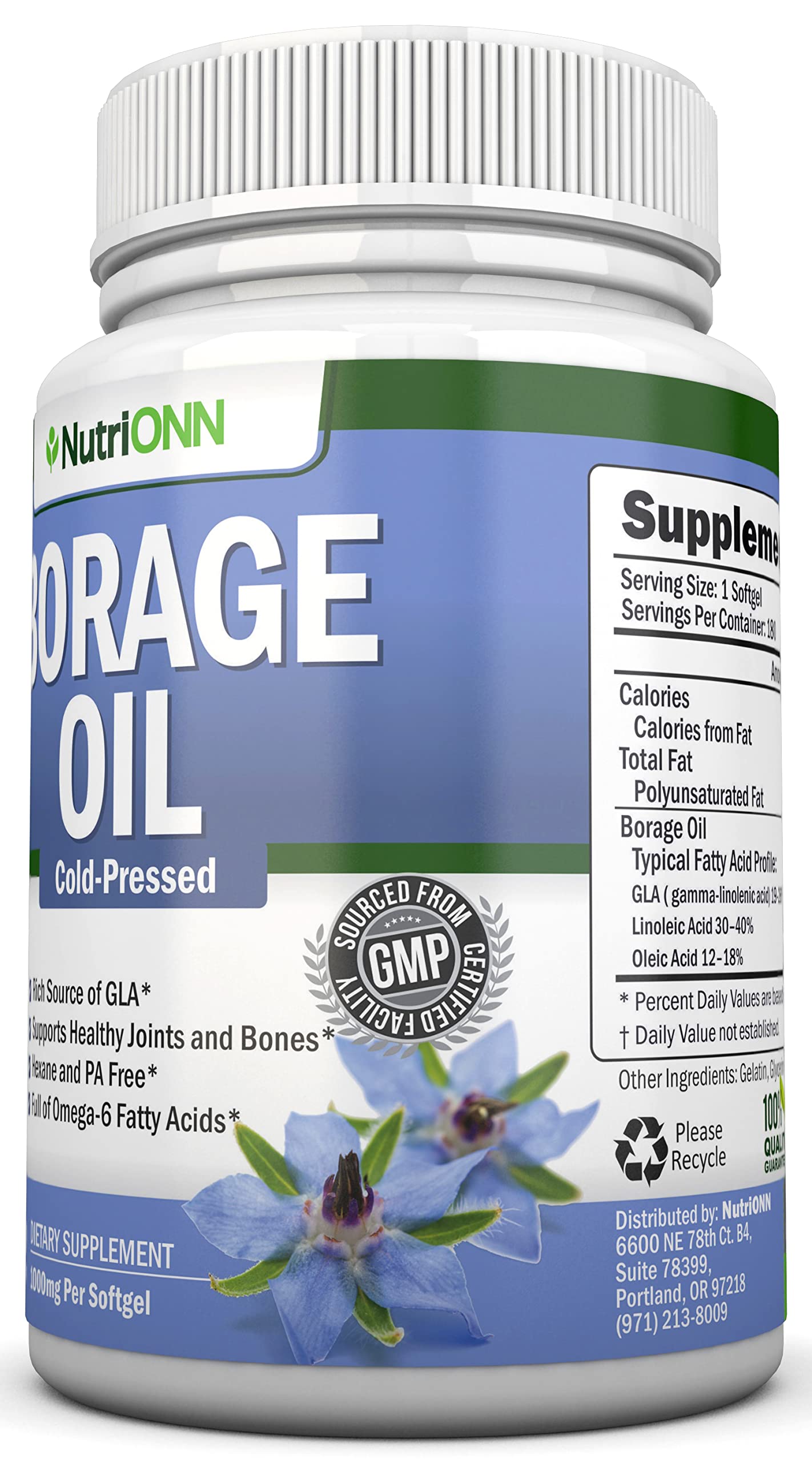 Borage Oil - 1000 mg - 180 Softgels - Cold Pressed High GLA Borage Seed Oil - Hexane and PA Free - Great for Skin, Hair and Bones.