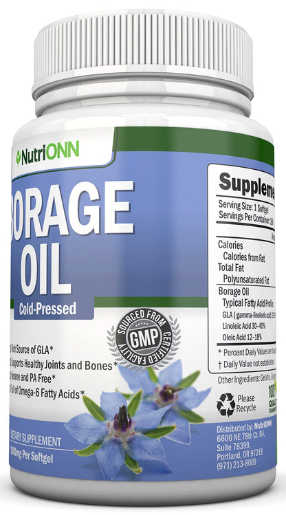 Borage Oil - 1000 mg - 180 Softgels - Cold Pressed High GLA Borage Seed Oil - Hexane and PA Free - Great for Skin, Hair and Bones.