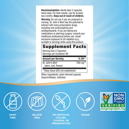 Nature's Way St. John's Wort Herb, Promotes a Positive Outlook*, 700 mg per 2-Capsule Serving, Non-GMO Project Verified, Vegan, 180 Capsules