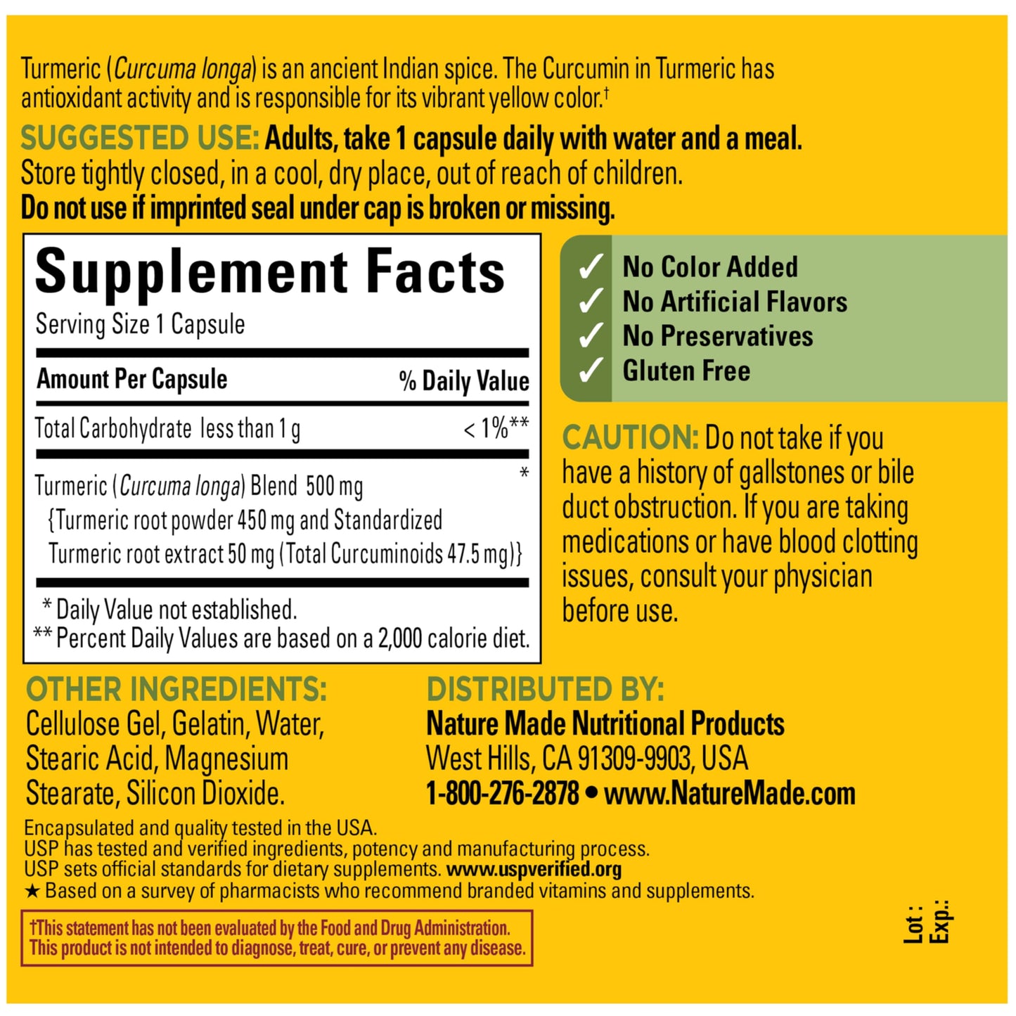 Nature Made Turmeric Curcumin 500 mg, Turmeric Curcumin Supplement for Antioxidant Support, Herbal Supplements, 120 Capsules, 120 Day Supply
