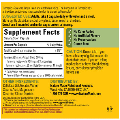 Nature Made Turmeric Curcumin 500 mg, Turmeric Curcumin Supplement for Antioxidant Support, Herbal Supplements, 120 Capsules, 120 Day Supply
