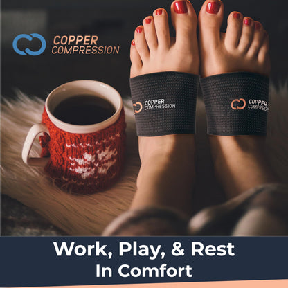 Copper Compression Arch Support Sleeves. Targeted Compression for Plantar Fasciitis Symptoms, Pain, Flat Feet & High Arches. Breathable Support for Men & Women - Black
