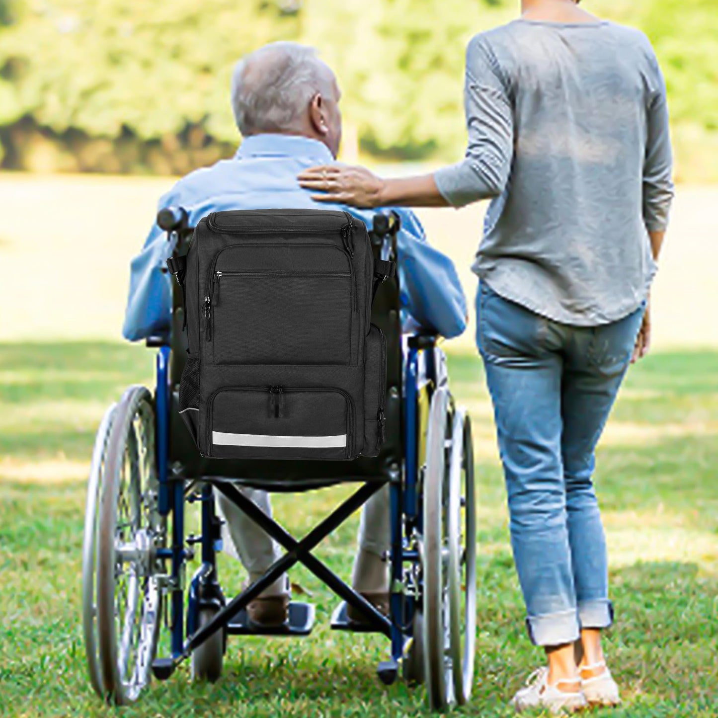SAMDEW Wheelchair Backpack, Wheelchair Bag to Hang on Back, with Thermal Insulation Pockets for Medicine & Lunch Box, Functional Wheelchair Accessories with Crutches Pockets, Bag Only, Patented Design