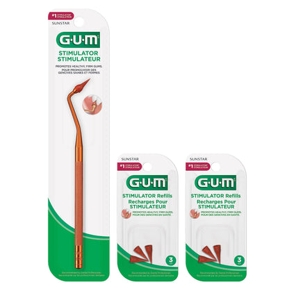 GUM Stimulator Permanent Handle - Long Handled Massager Remove Plaque & Promote Health (Handle + 2 Refill Packs)