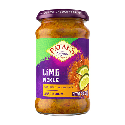 Patak’s Medium Lime Pickle - Authentic Indian Relish w/Lime Dices, Mustard Seeds & Aromatic Spices - Perfect for Sandwiches, Curries & Cold Meats - Indian Pickle - 10oz Jar (Pack of 1)