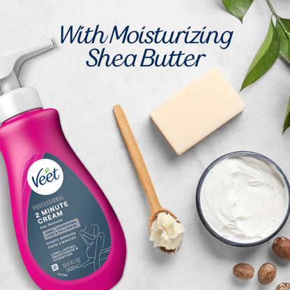 Veet Professional 2 Minute Cream for All Skin Types with Shea Butter, Full Bikini & Pubic Hair Removal, Dermatologically Tested, 13.5 FL OZ Bottle w/Spatula