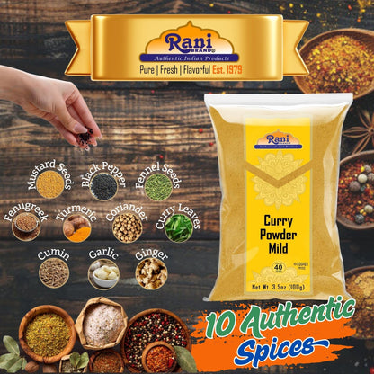 Rani Curry Powder Mild (10-Spice Authentic Indian Blend) 3.5oz (100g) ~ All Natural | Salt-Free | NO Chili or Peppers | Vegan | No Colors | Gluten Friendly | NON-GMO | Kosher | Indian Origin