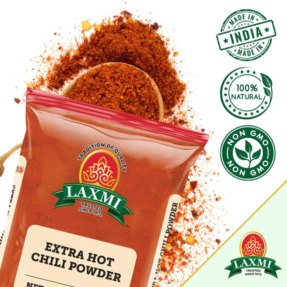 LAXMI Kashmiri Xtra Hot Chili Powder - Authentic Indian Red Chili Seasoning - NON-GMO - 7 oz Cooking Spice