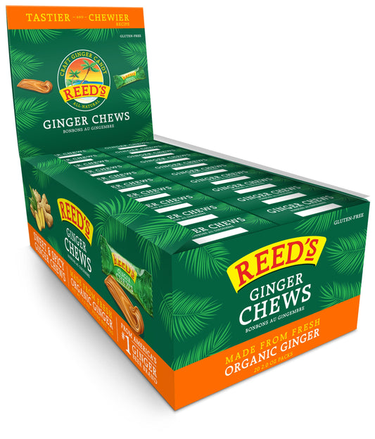 Reed's All Natural Ginger Chews Chewy Ginger Candy - Sweet & Spicy Individually Wrapped Candy For Snacking, Upset Stomach & Morning Sickness - Vegan Snacks - 2oz Box, Bulk Pack of 20)