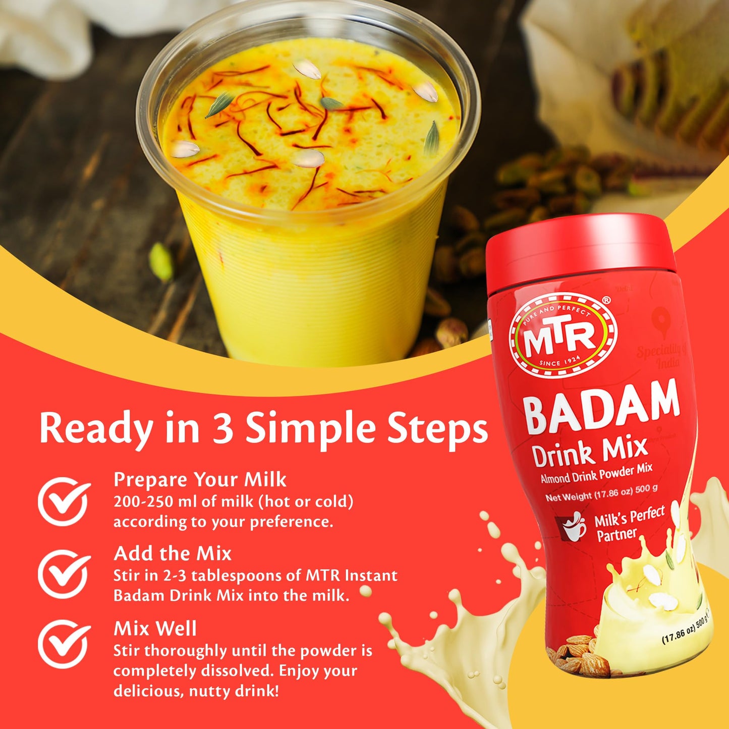 MTR Badam Drink Mix – 500g Pack of 1, Multi-purpose Drink Mix, Premium Almond Drink Mix made with select quality Almonds, Saffron & Cardamom, Authentic Indian Flavor, Quick & Easy to Prepare, Ideal for Desserts