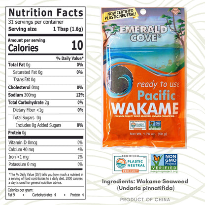 Emerald Cove Ready-to-Use Pacific Wakame, Premium Dried Seaweed, Non-GMO, Gluten Free, 1.76 oz (1 pk)