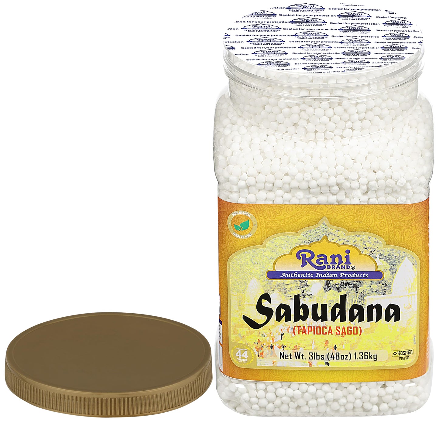 Rani Sabudana (Tapioca/Sago) Pearls 48oz (3lbs) 1.36kg Bulk PET Jar~ All Natural | Vegan | No Colors | NON-GMO | Indian Origin