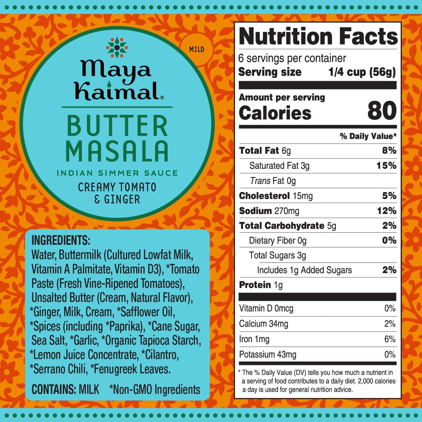 Maya Kaimal Butter Masala Sauce, 12.5 oz, Mild Indian Simmer Sauce with Creamy Tomato and Ginger. Vegetarian, Gluten Free