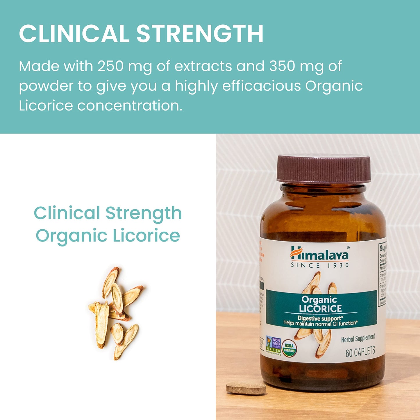 Himalaya Organic Licorice, 60 Day Supply - Digestive Health Supplement for Upset Stomach Relief and Occasional Bloating and Heartburn - USDA Organic, Vegan, Non-GMO, Non-DGL, Gluten Free, 60 Caplets