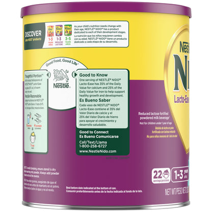 Nestlé NIDO Lacto-Ease Toddler Milk Beverage Powder Mix, Reduced Lactose, Toddler Nutritional Drink, Powdered Milk for Toddlers, 22 Servings per Container, 28.2 OZ, Pack of 1