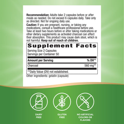 Nature's Way Activated Charcoal, Binds Unwanted Materials and Gas in the Digestive Tract*, 560 mg per 2-Capsule Serving, 100 Capsules (Packaging May Vary)