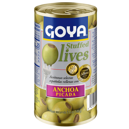 Goya Foods Manzanilla Olives Stuffed with Anchovies, 5.25 Ounce (Pack of 12)