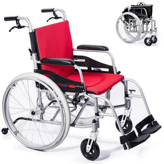 SUMELL Magnesium Lightweight Wheelchair - FSA HSA Eligible 21lbs Self propelled Chair with Travel Bag and Cushion, Portable and Folding 17.5” W Seat, Park & Brake Anti Tipper, Ultra Light, Red