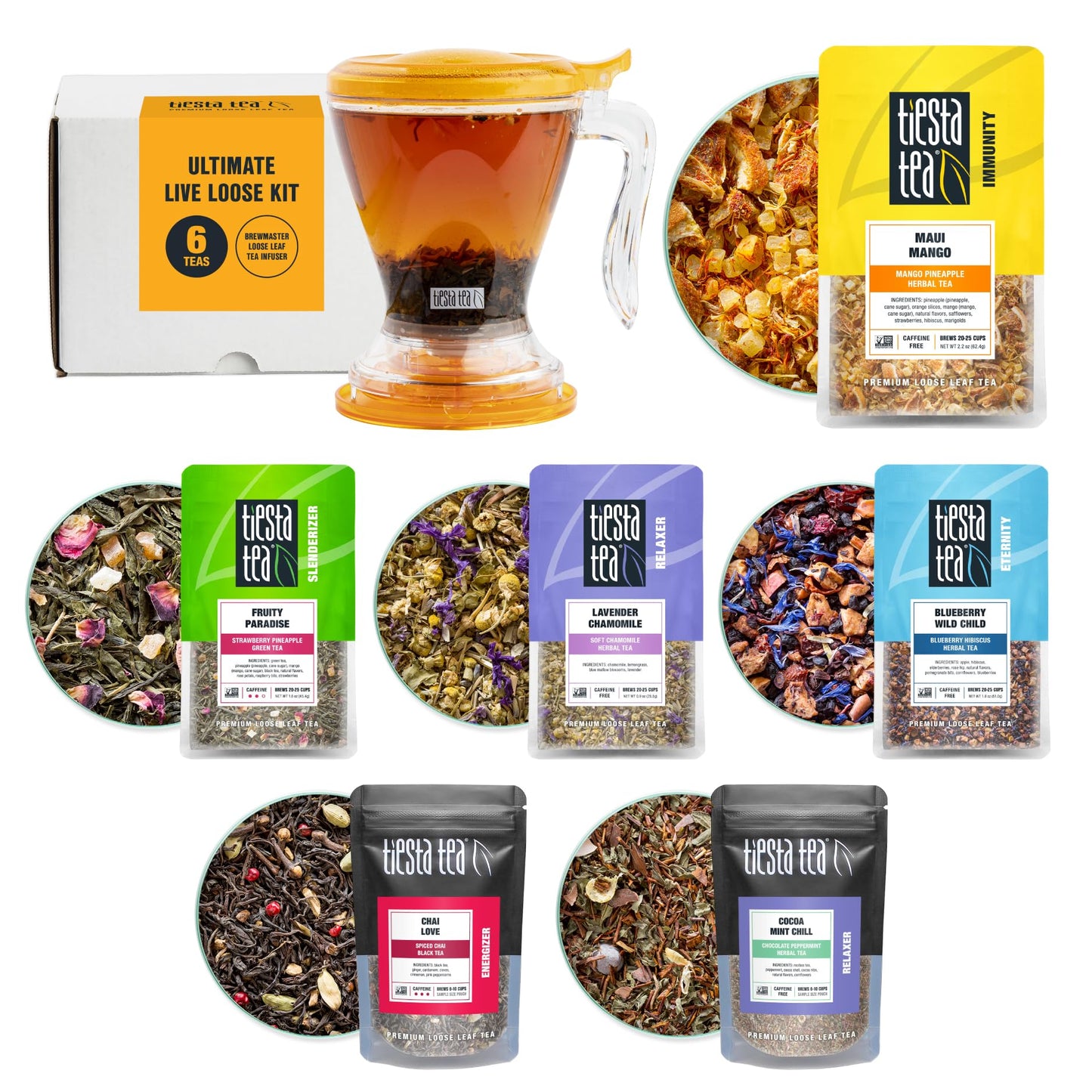 Tiesta Tea Ultimate Live Loose Leaf Kit, Tea Starter Kit with High to Non-Caffeinated Blends, Hot & Iced Brews, Includes Black, Green, Herbal Sample Bags and 16oz Brewmaster Dispensing Infuser