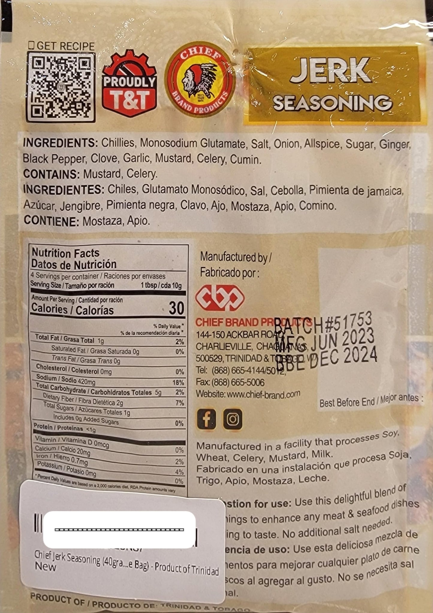 Chief Jerk Seasoning (40grams Single Bag) - Product of Trinidad