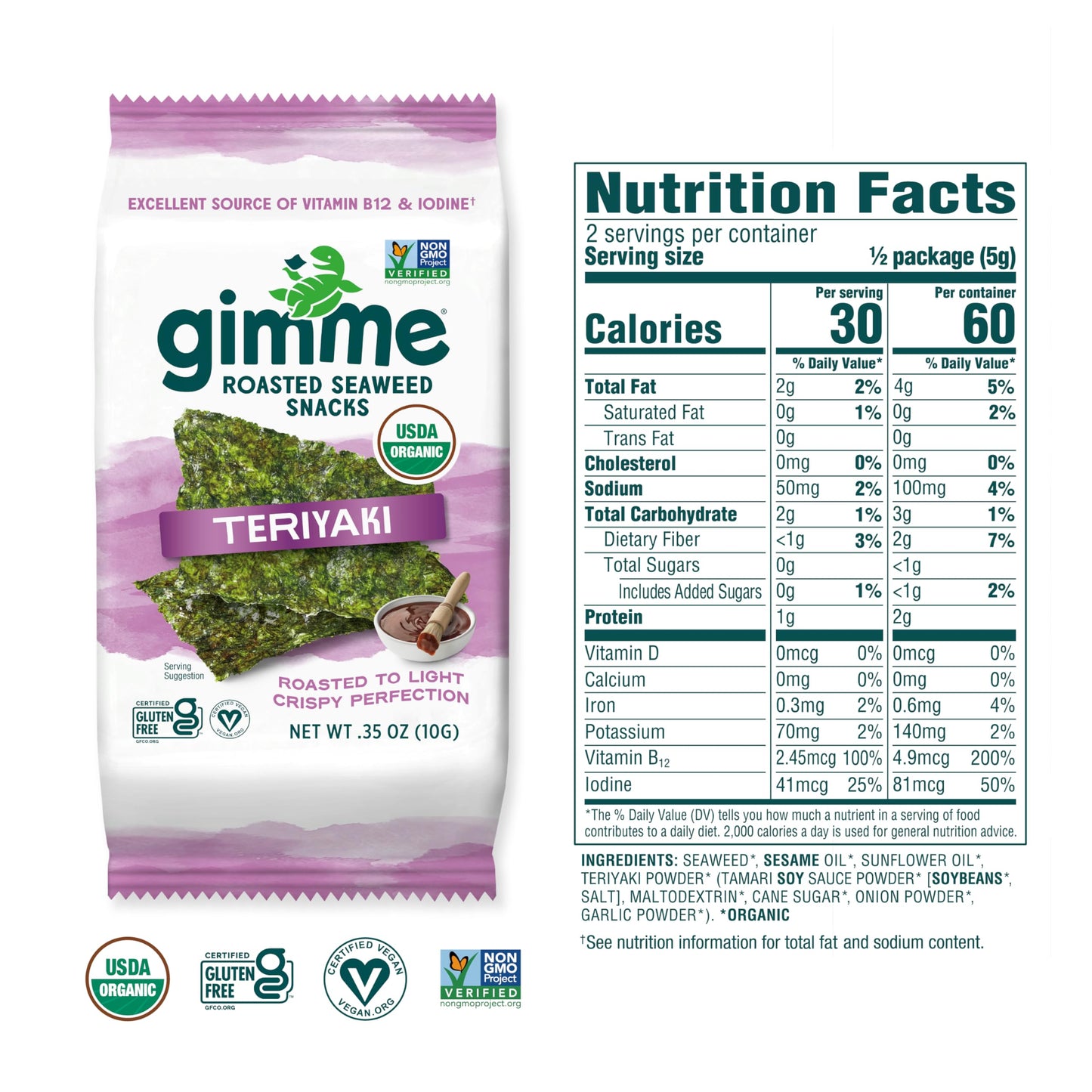 Gimme Seaweed Organic Premium Roasted Seaweed Snacks, Teriyaki, 12 Count Sharing Size, Keto, Vegan, Gluten-Free, Great Source of Omega3s and Iodine, Healthy On-The-Go Snack for Kids and Adults
