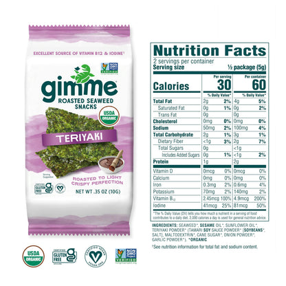 Gimme Seaweed Organic Premium Roasted Seaweed Snacks, Teriyaki, 12 Count Sharing Size, Keto, Vegan, Gluten-Free, Great Source of Omega3s and Iodine, Healthy On-The-Go Snack for Kids and Adults