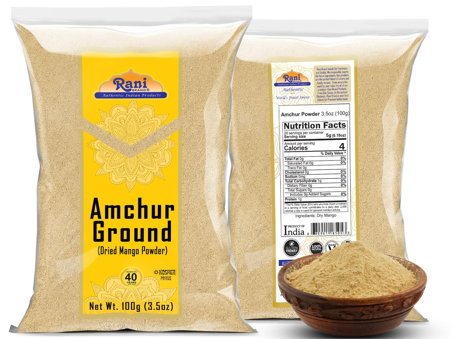 Rani Amchur (Mango) Ground Powder Spice 3.5oz (100g) ~ All Natural, Indian Origin | No Color | Gluten Friendly | Vegan | NON-GMO | Kosher | No Salt or fillers