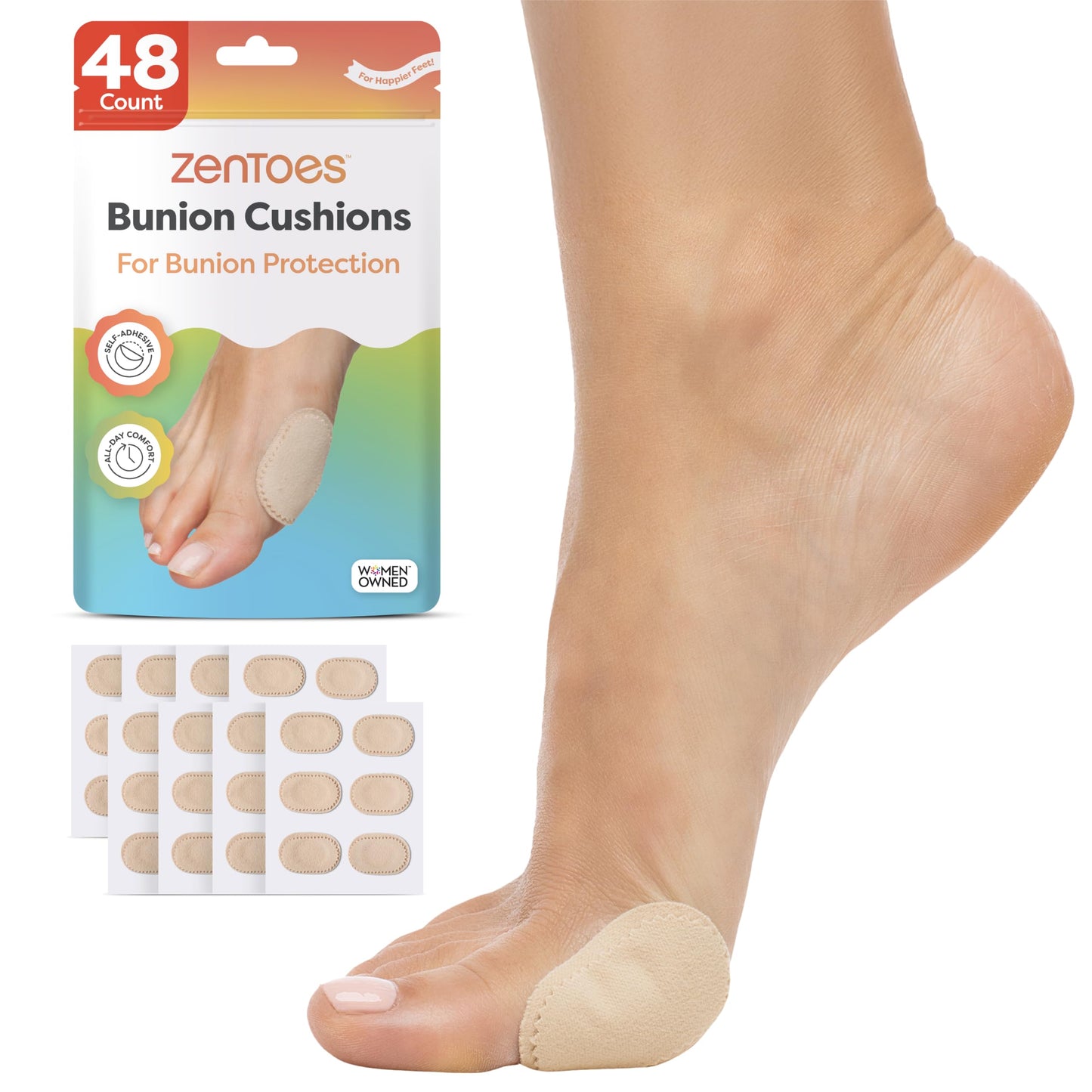 ZenToes Bunion Pads to Wear with Shoes – Waterproof Soft Bunion Cushion Protector, Breathable Adhesive Foot Pad for All Day Comfort & Support, 48 Count