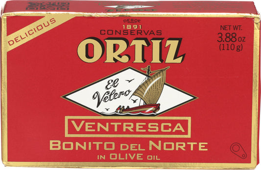 Ortiz Ventresca White Tuna Belly in Olive Oil, Tender Buttery Fillets with Exquisite Flavor, Superior Wild Caught Tuna Packed in Delicate Spanish Olive Oil, 3.88oz Can (Pack of 1)
