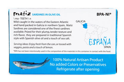 Matiz Sardines in Olive Oil, 4.2 Ounce Can, Spanish Gourmet Wild Caught Natural Fish for Tapas, Snacks, or Meals, Protein Rich, Sealed Freshness