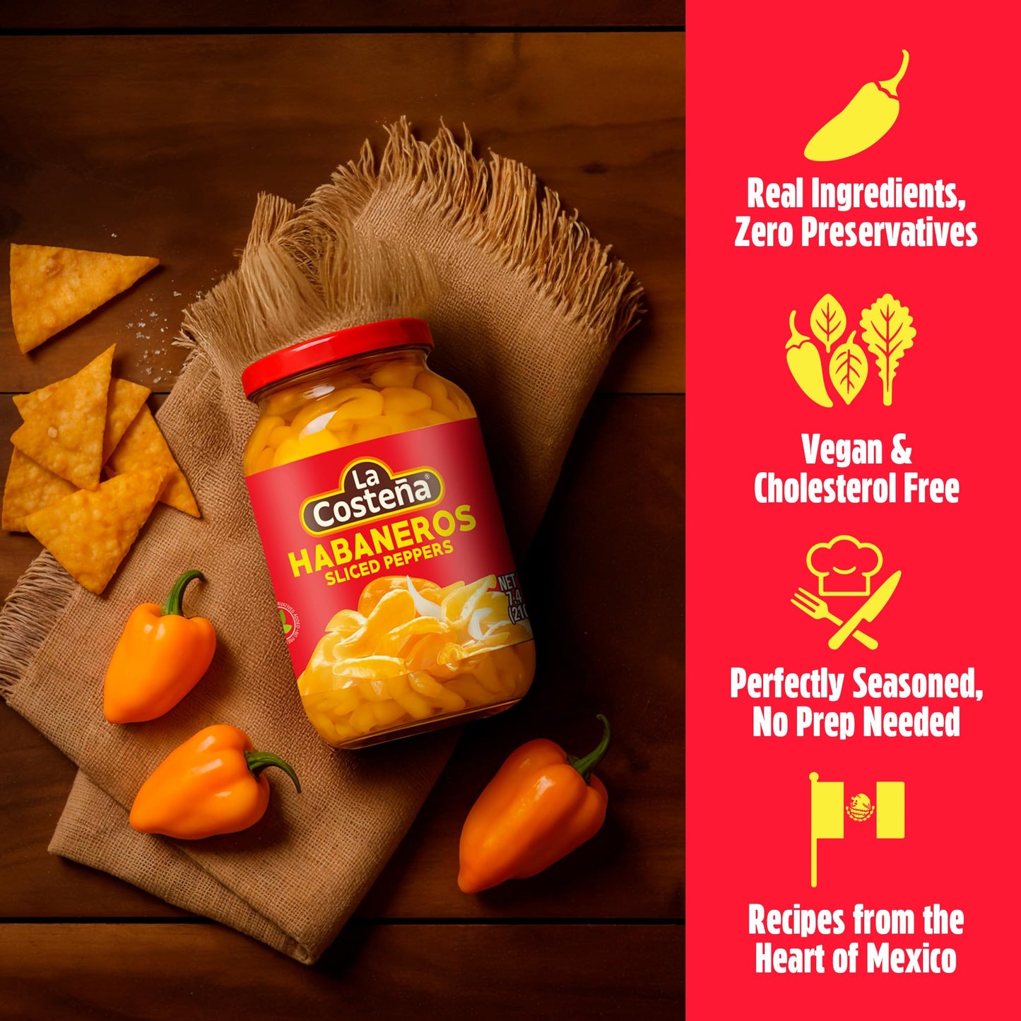 La Costeña Sliced Habanero Pepper for Mexican Food, Mango Habanero Salsa, Guacamole, Enchiladas, Spicy Nacho & Taco Toppings - Hot Pickled Vegetables - 10x Spicier than Jalapeños - 7.4 oz, 1 Pack