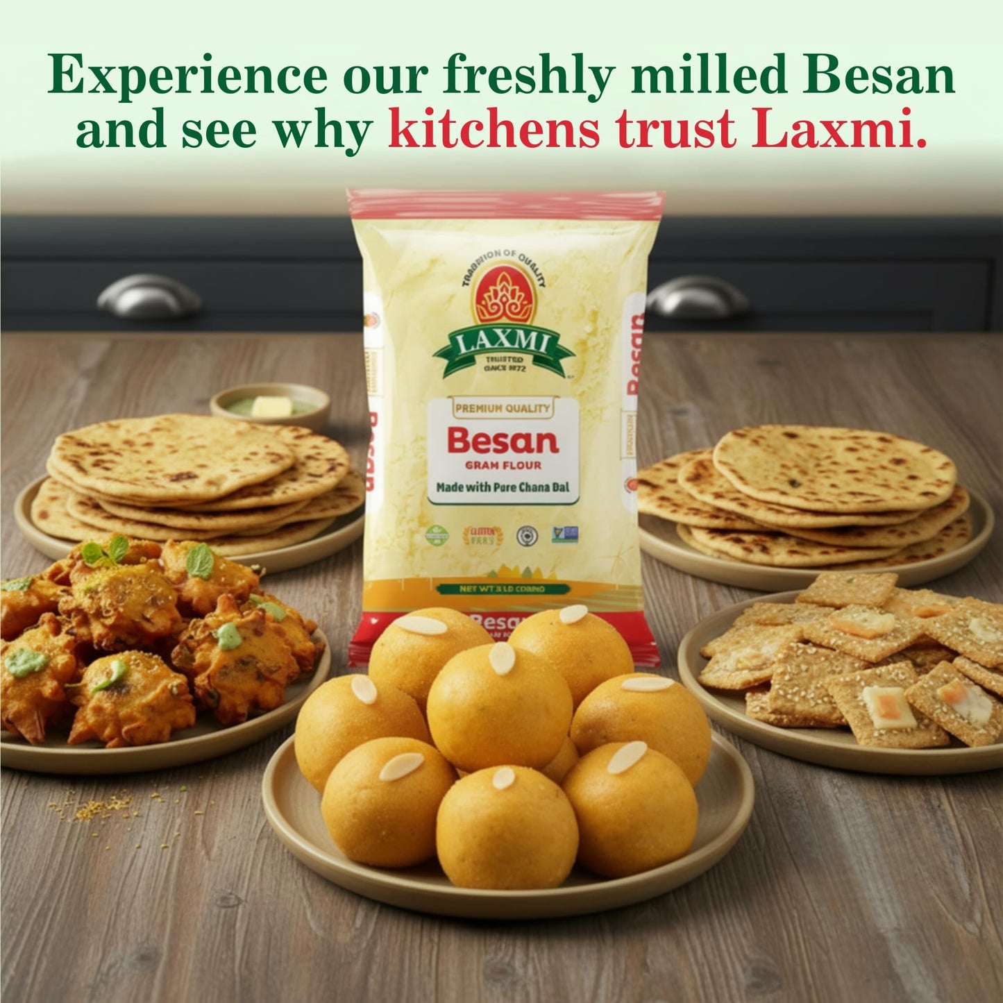 Laxmi Gram Besan Flour 2 lb Non-GMO, Vegan, Gluten Free - Made from Finely Ground Chickpeas Perfect for Authentic Indian Recipes
