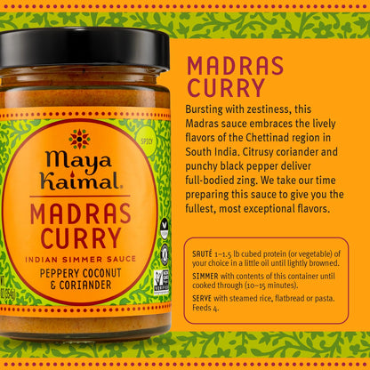 Maya Kaimal Madras Curry Sauce, 12.5 oz, Spicy Indian Simmer Sauce with Peppery Coconut and Coriander. Vegan, Gluten Free, Non-GMO Project Verified, Vegetarian