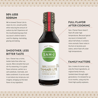 San-J - Gluten Free Tamari Lite Soy Sauce with 50% Less Sodium - Made with 100% Soy - Specially Brewed - 10 oz. Bottle