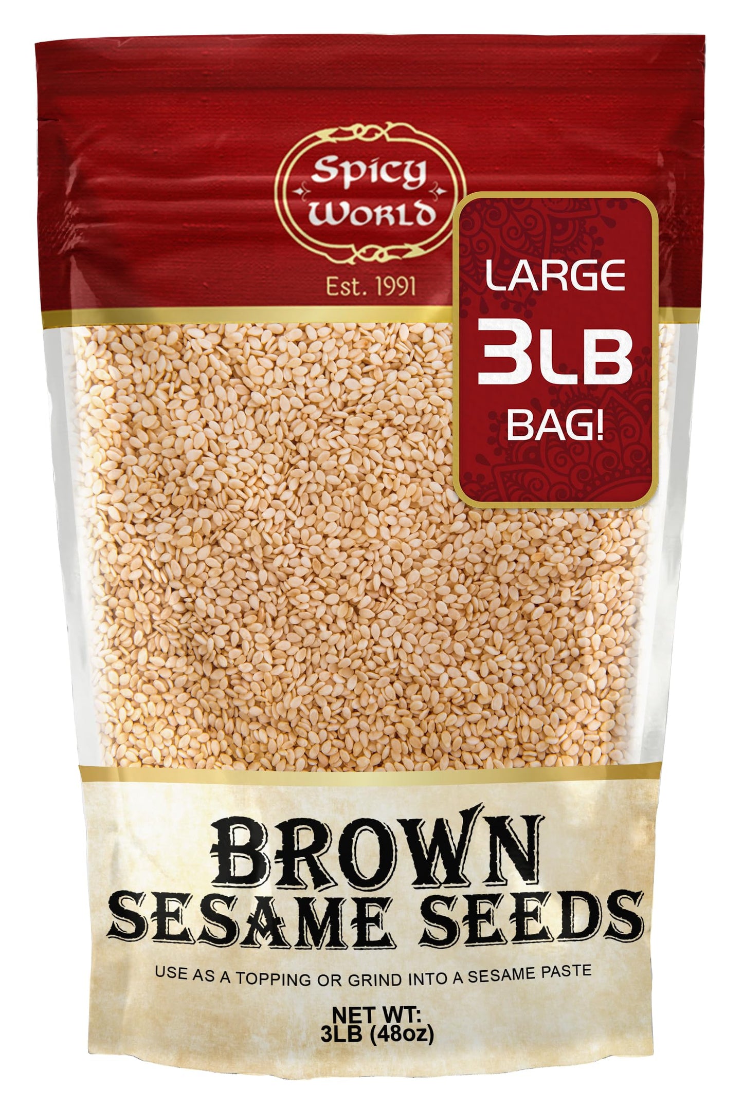 Spicy World Natural Brown Sesame Seeds 3 LB (48oz) - Non-GMO, Vegan, Raw, Unroasted, Unsalted, Plant-Based Protein, Source of Fiber & Iron, Ideal for Topping, Cooking & Baking