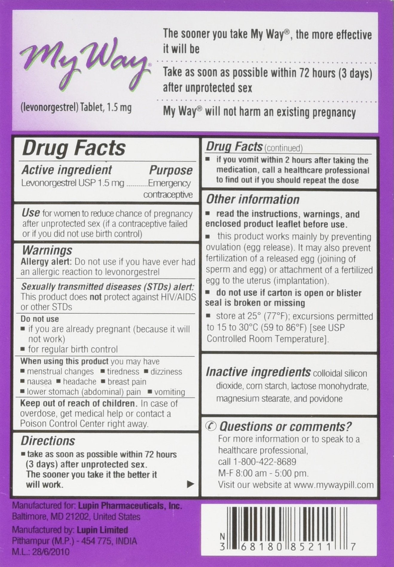 My Way Emergency Contraceptive 1 Tablet, Female Contraceptive, Adult, Single Tablet