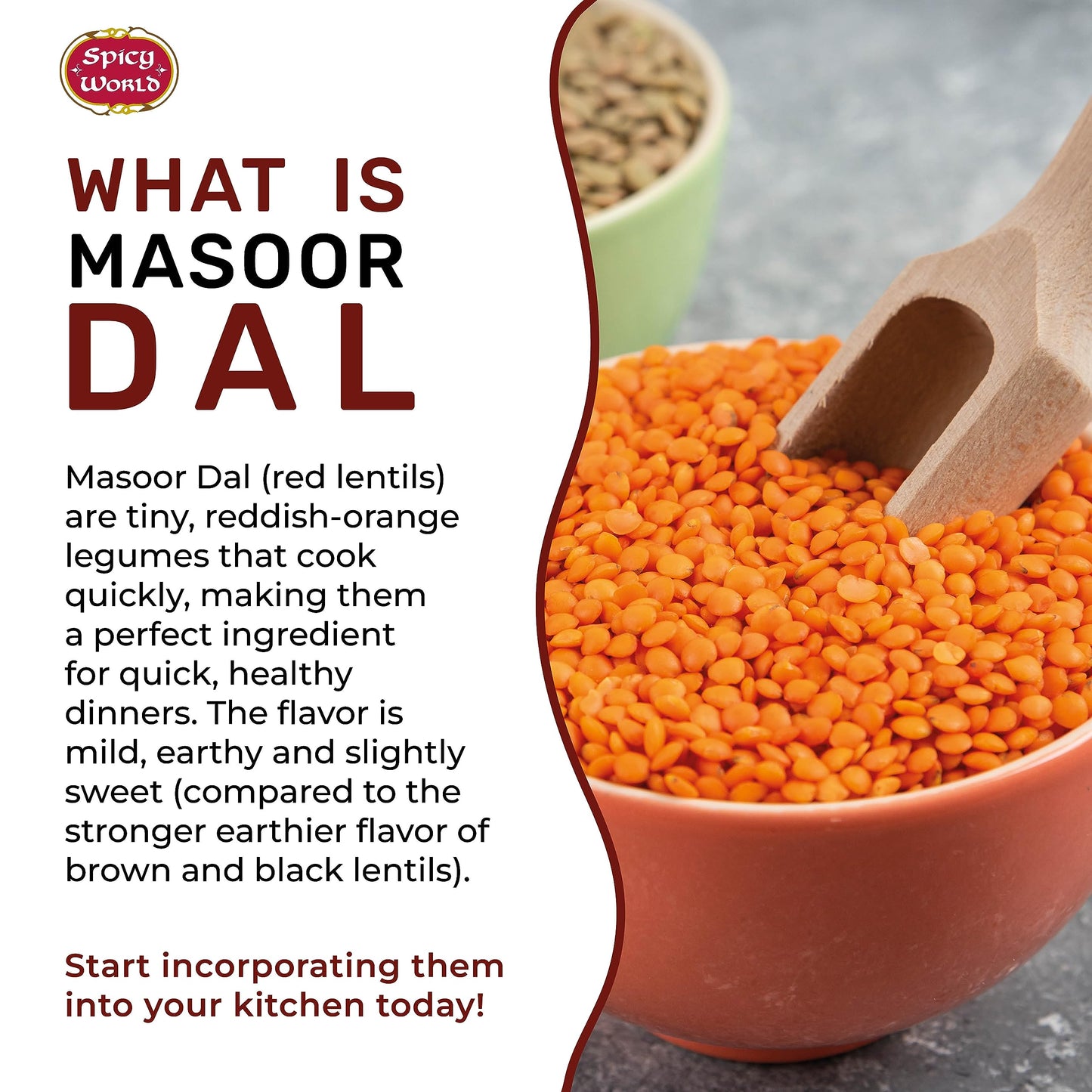 Masoor Dal 4 Pound Bag - Split Red Lentils Dry - All Natural, Pure, Vegan - Resealable Bag by Spicy World