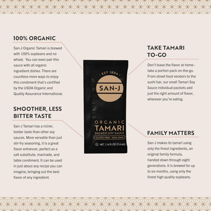 San-J - Organic Gluten Free Tamari Soy Sauce - Made with 100% Whole Soy - Specially Brewed - 1/4 oz. Individual Portioned Packets - 200 Pack