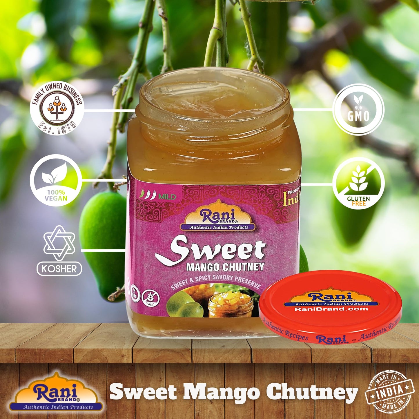 Rani Sweet Mango Chutney (Indian Preserve) 12.3oz (350g) Glass Jar, Ready to eat, Vegan ~ Gluten Free, All Natural, NON-GMO