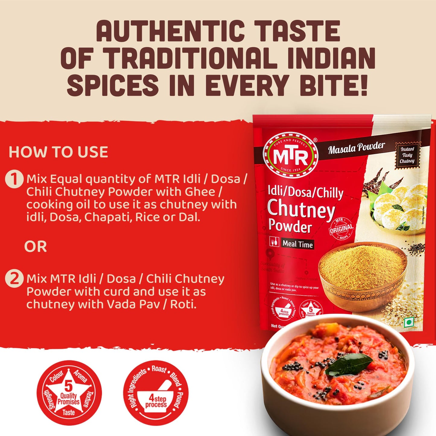 MTR Spiced Chutney Powder - Indian Spice Blend with Black gram dal, Red Chilli, Curry Leaves, Mustard, and Asafoetida - Instant and Easy to use - Ideal for Meal Time - 200g