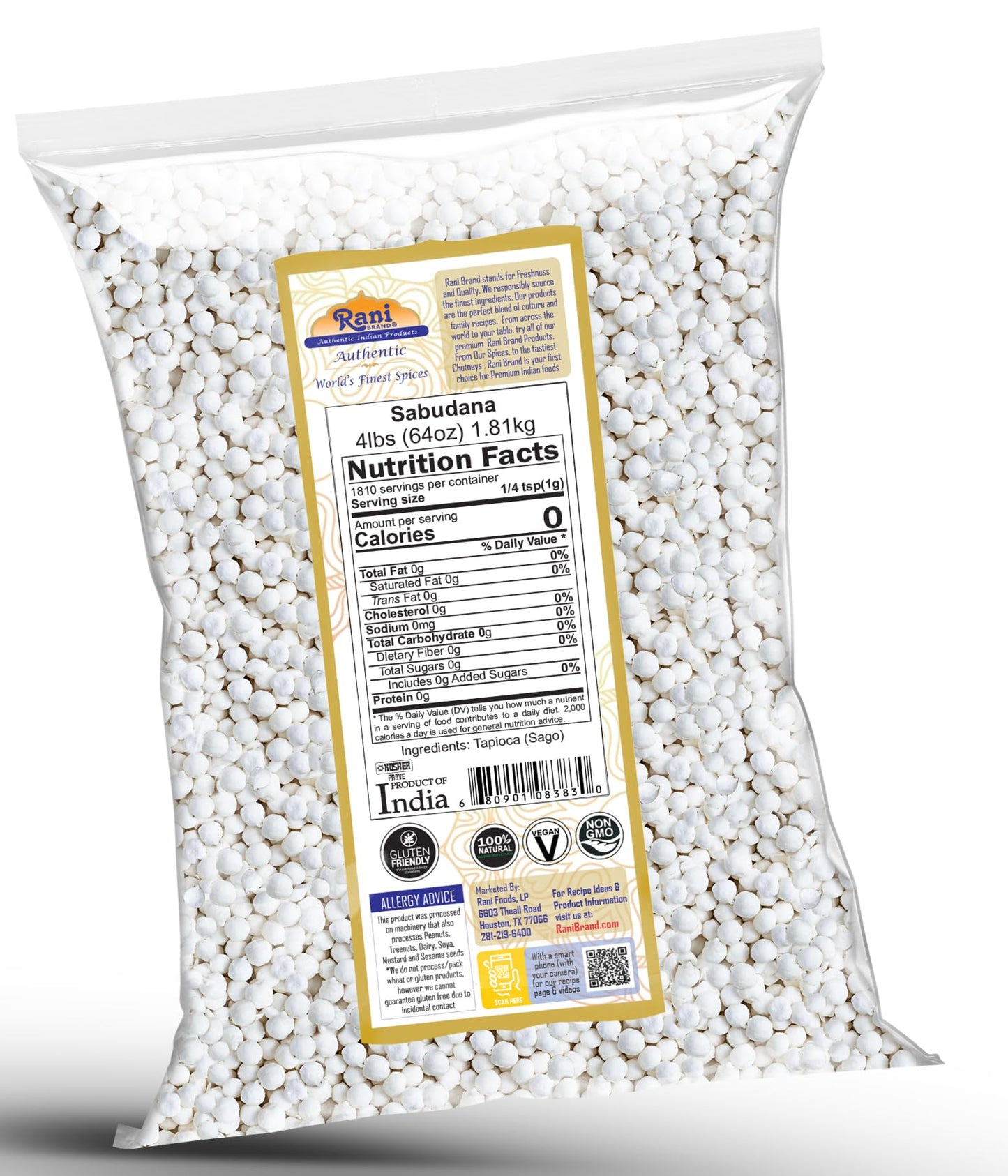Rani Sabudana (Tapioca/Sago) Pearls 64oz (4lbs) 1.81kg Bulk ~ All Natural | Vegan | No Colors | NON-GMO | Indian Origin