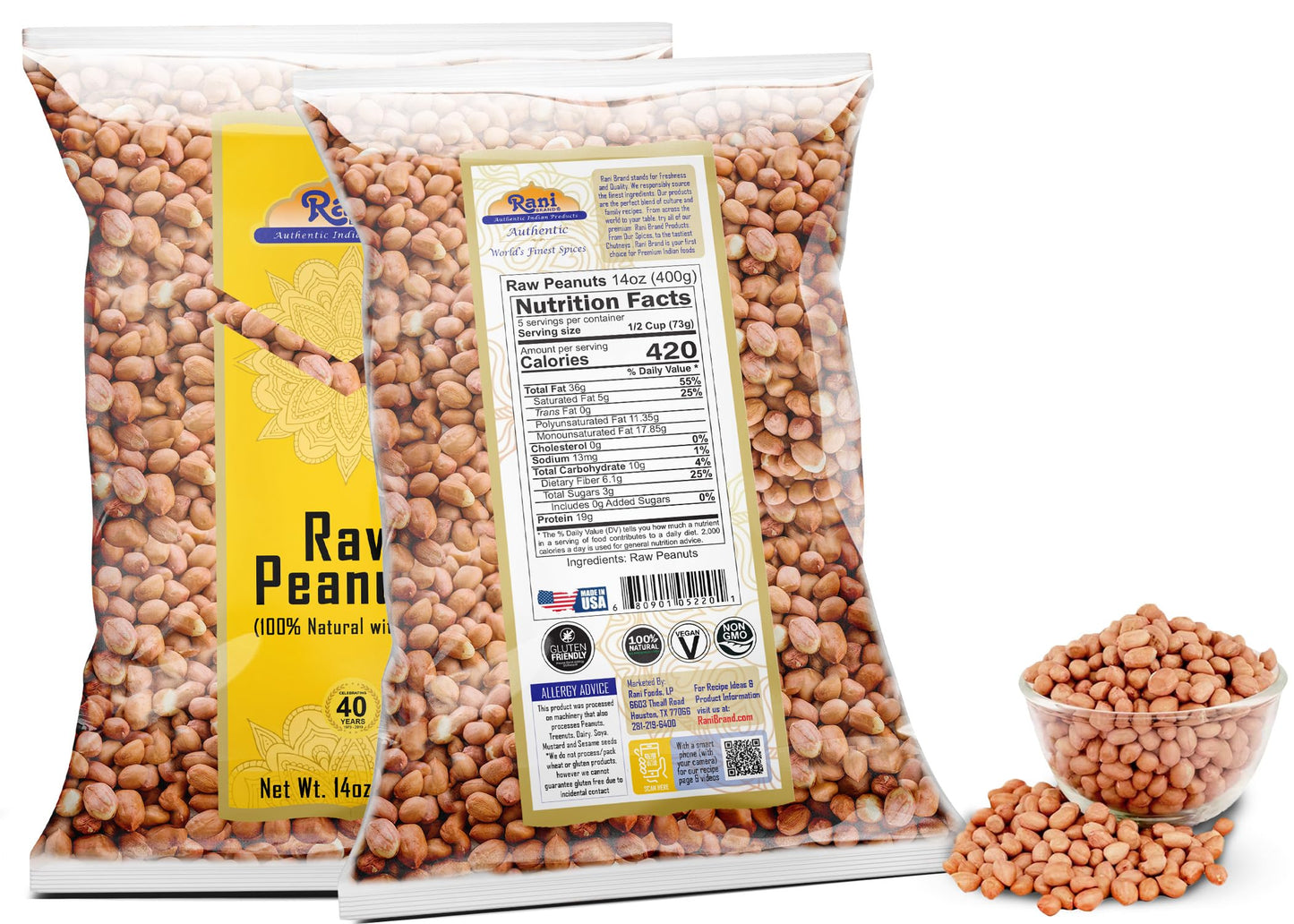 Rani Peanuts, Raw Whole With Skin (uncooked, unsalted) 14oz (400g) ~ All Natural | Vegan | Kosher | Gluten Friendly | Fresh Product of USA ~ Spanish Grade Groundnut/Red-skin