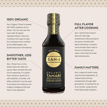San-J - Organic Gluten Free Tamari Soy Sauce - Specially Brewed - Made with 100% Whole Soy - 10 oz. Bottle - Includes a Collector's Tin and custom pour spout