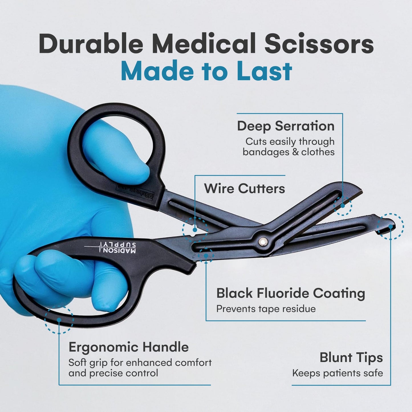 Madison Supply Medical Scissors, EMT and Trauma Shears - 7.5-Inch Bandage Scissors, Stainless Steel Medical Shears - Fluoride-Coated Blades for First Responders, Nurses, and Doctors (2 Pack, Black)
